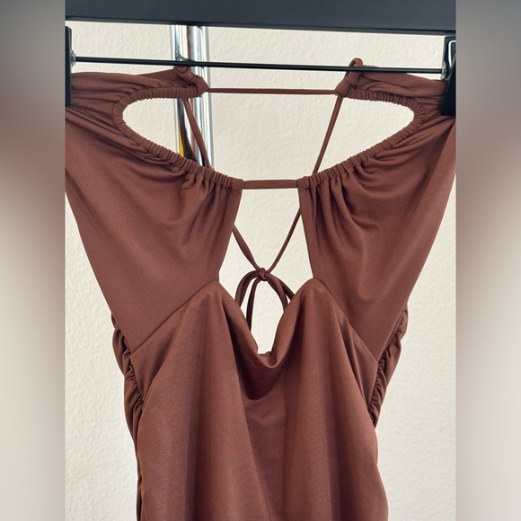 Oh Polly Ruched Keyhole Halter Mini Dress in Brown - Picture 3 of 5